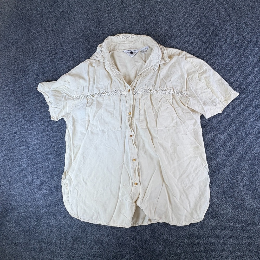 Baldanza Shirt Womens 10 Beige Silk Lattice Lace Trim Short‎ Sleeve Button Up
